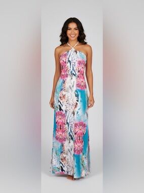 VENUS Blue & Pink Floral Halter Maxi Dress